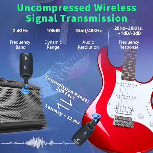 A9 Wireless Guitar System 2.4GHz Wireless Guitar Transmitter and Receiver | Rechargeable,4 Channels, 100FT/30m Range,270° Rotatable Plug,for Electric Guitar Bass (Black(1TX+1RX)) - color: Black