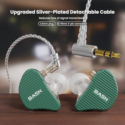 BASN Mix-PD in Ear Monitor,Planar Driver+Dynamic Driver 2-Pin Cable,Green | Two Mixed Drivers IEM with CNC Crafted Metal Cover, Wired Detachable 0.78mm 2-Pin Silver Plated OFC Cable for Musicians - color: Green