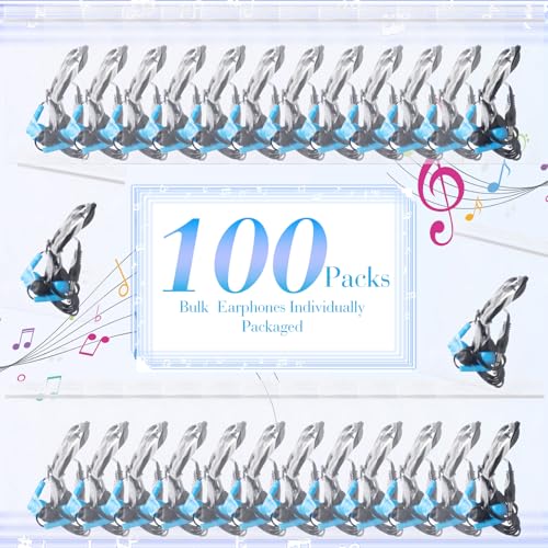 Kanayu 100 Pack Wired Earbuds Bulk for Classroom, 3.5MM No Mic,Blue | Student Headphones for School Library Laptop, Individually Bagged Earphones with Jack for Training and Group Learning - color: Blue