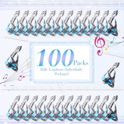 Kanayu 100 Pack Wired Earbuds Bulk for Classroom, 3.5MM No Mic,Blue | Student Headphones for School Library Laptop, Individually Bagged Earphones with Jack for Training and Group Learning - color: Blue