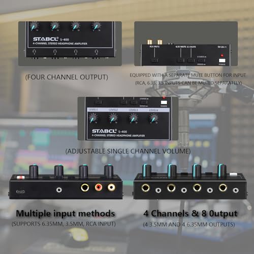 4 Channel Headphone Amplifier, Stereo/Mono Headphone Amp Splitter with 3.5mm,6.35mm,RCA Input. Four 3.5mm and 6.35mm Output. Studio Headphone Amplifier Mixer for Recording