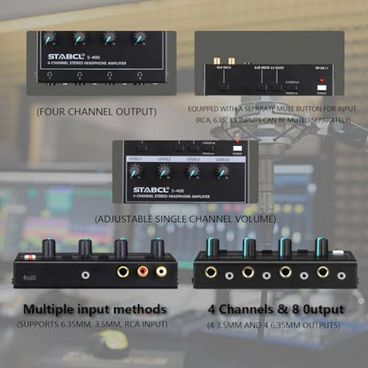 4 Channel Headphone Amplifier, Stereo/Mono Headphone Amp Splitter with 3.5mm,6.35mm,RCA Input. Four 3.5mm and 6.35mm Output. Studio Headphone Amplifier Mixer for Recording