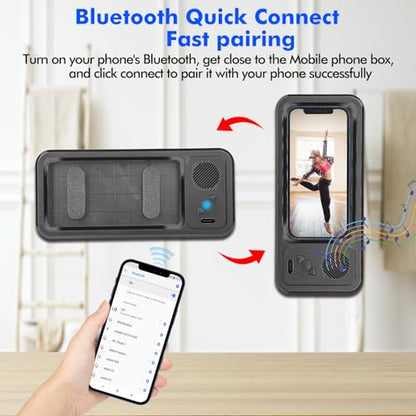 Shower Phone Holder with Wireless Bluetooth Speaker, Waterproof 480 Rotation Viewable Shower Phone Stand Case Mount Speakers for Bathroom Wall Mirro for 4"- 6.8" Cell Phones ,Gift for Mom(Black) - color: Black