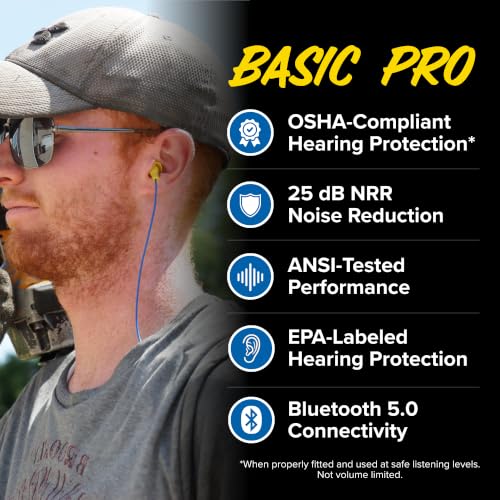Plugfones Basic Pro Bluetooth Earplug Headphones for Work, OSHA Compliant | 25dB NRR Hearing Protection Earplugs, Wireless Safety Earbuds, Noise Isolating Mic, Construction, Warehouse, Blue & Yellow - color: Blue, Yellow
