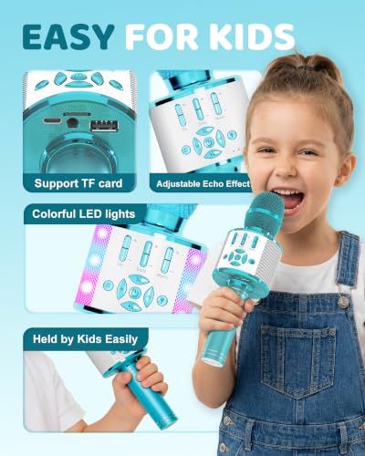 Amazmic Kids Karaoke Microphone Machine Toys for Girls Bluetooth Microphone with LED Light, Christmas Birthday Gift for Girls Boys 3-12+ Years Old (Blue) - color: Blue