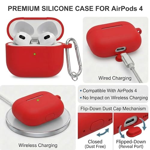 Silicone Case Cover for AirPods 4th Gen, Soft Skin, Full Protection, Keychain, Cleaner Kit (Red) - color: B1-Red