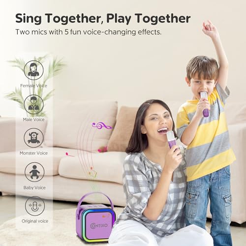 Contixo KS1 Mini Karaoke Machine for Kids, Portable Bluetooth Speaker with 2 Wireless Microphones & Dynamic Lights for Boys & Girls, Home Party Entertainment Toy (Purple) - color: Purple