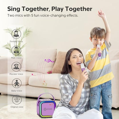 Contixo KS1 Mini Karaoke Machine for Kids, Portable Bluetooth Speaker with 2 Wireless Microphones & Dynamic Lights for Boys & Girls, Home Party Entertainment Toy (Purple) - color: Purple