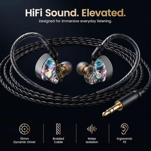 HIFI WALKER A20 IEM Earbuds, 10mm Dynamic Driver in Ear Monitor Headphones, HiFi Wired Earphones with Deep Bass & Clear Vocals, Noise Isolating IEM for Music, Gaming & Studio (No Mic), Black - color: Black