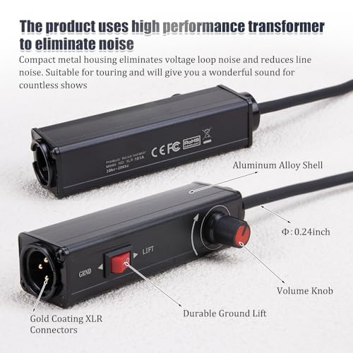 AUX to XLR Isolation Box for Laptops Computer to Audio Solution | with Volume Controller,1M Cable,Ground Loop Noise Filter 3.5mm,Signal Uonversion Unbalanced 3.5mm TRS to Balanced 3pin XLR