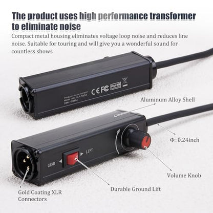 AUX to XLR Isolation Box for Laptops Computer to Audio Solution | with Volume Controller,1M Cable,Ground Loop Noise Filter 3.5mm,Signal Uonversion Unbalanced 3.5mm TRS to Balanced 3pin XLR