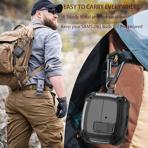 Compatible with Samsung Galaxy Buds 3 Pro Case/Bud3 Cover Lock Clip with Phone Stand for Men, Military Shell Galaxy Buds Pro 3/ Bud 3 Protective Armor Skin with with Cleaner Kit & Carabiner - color: ABlack