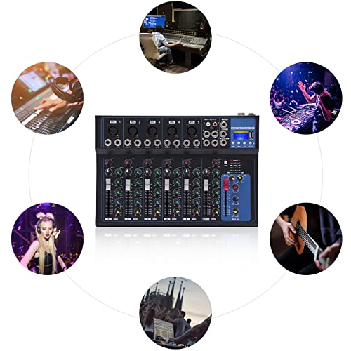 Portable Audio Mixer 7-channel Mixer with 6 Music Modes Three-band Equalization Bluetooth Mixer Dj Mixer, Interface|USB|Bluetooth Connectivity,48V Phantom Power,Monitor Function (5 microphone input)