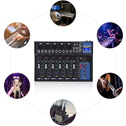 Portable Audio Mixer 7-channel Mixer with 6 Music Modes Three-band Equalization Bluetooth Mixer Dj Mixer, Interface|USB|Bluetooth Connectivity,48V Phantom Power,Monitor Function (5 microphone input)