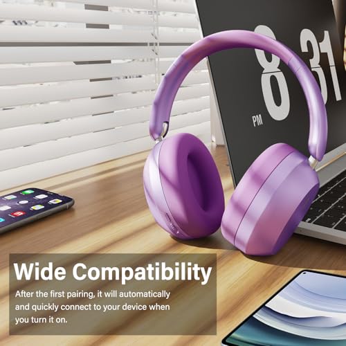 Y05 Bluetooth Headphones Wireless Over Ear with Microphone 48 Hours Playtime, High Sound Quality Foldable Soft Earpads Earphones for Travel - Purple