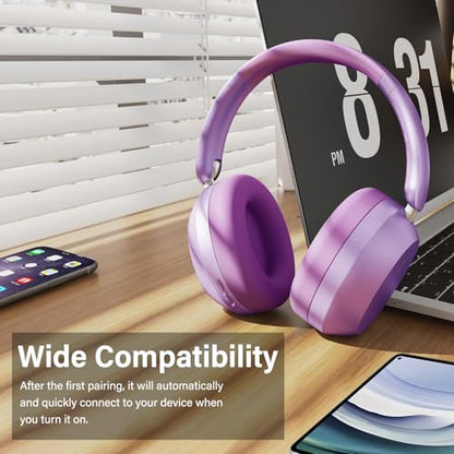 Y05 Bluetooth Headphones Wireless Over Ear with Microphone 48 Hours Playtime, High Sound Quality Foldable Soft Earpads Earphones for Travel - Purple