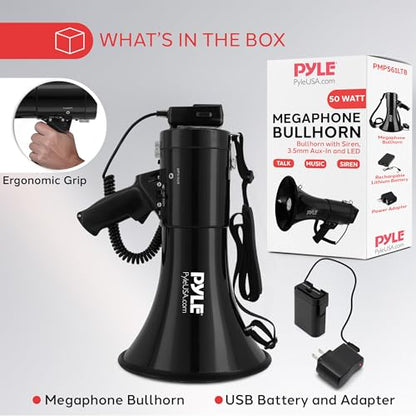 Pyle Portable Compact PA Megaphone Speaker with Alarm Siren & Adjustable Volume - 50W Handheld Lightweight Bullhorn - with Mic, AUX IN for MP3, 1200 Yards Range, Rechargeable Battery
