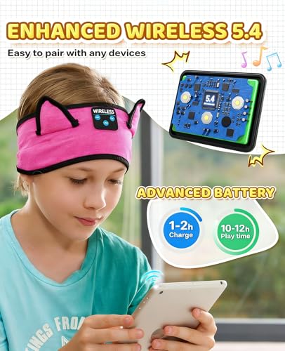 KIDSBAND Kids Headband Headphones, Baby Headphones, Wireless and Wired Playback 3.5 MM Jack for School, Foldable Adjustable Children Headset for Girls Boys,Kindle Tablet Cellphones Airplane Travel - color: RoseRed