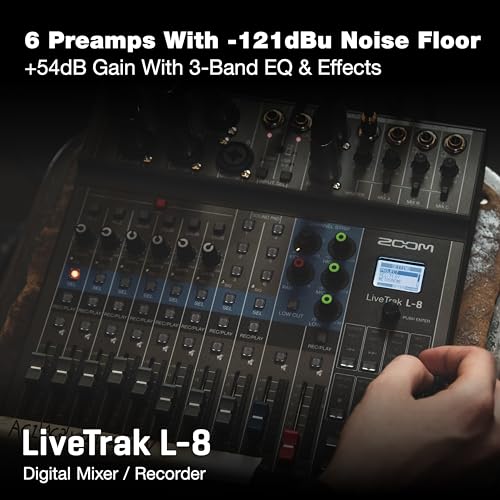 Zoom LiveTrak L-8 Battery Powered Mixer/Recorder for Musicians & Podcasters | 8-channel digital mixer with 12-in/4-out USB interface and 6 sound pads for podcasting, music and live streaming