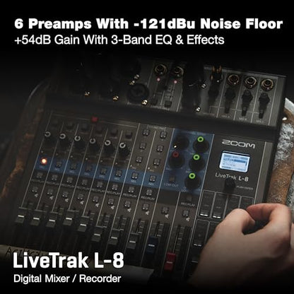 Zoom LiveTrak L-8 Battery Powered Mixer/Recorder for Musicians & Podcasters | 8-channel digital mixer with 12-in/4-out USB interface and 6 sound pads for podcasting, music and live streaming
