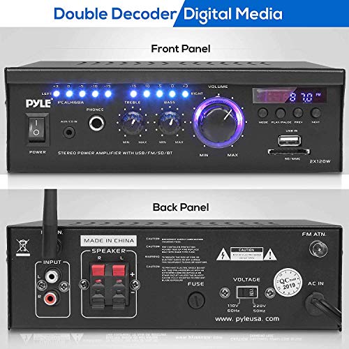 Pyle Home Power Amplifier with Bluetooth Wireless - 2 x 120 Watt Stereo Receiver w/ Blue LED Level Meter, FM Radio, USB-A Input w/ MP3 Player, SD Card In, Aux, RCA, Headphone Jack - PCAU46BA