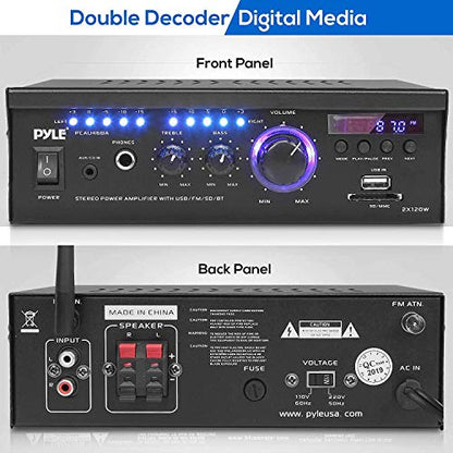 Pyle Home Power Amplifier with Bluetooth Wireless - 2 x 120 Watt Stereo Receiver w/ Blue LED Level Meter, FM Radio, USB-A Input w/ MP3 Player, SD Card In, Aux, RCA, Headphone Jack - PCAU46BA