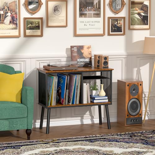 Record Player Stand with Adjustable Divider Vinyl Storage Holder Up to 200 Albums Mid-Century Large Record Player Table Vinyl Holder Turntable Stand End Table for Bedroom & Living Room, Patent Pending - size: 29.9"W x 13.4"D x 27.5"H
