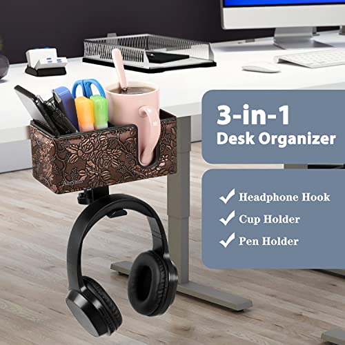 Under Desk Cup Holder Clamp on Cup Holder PU Leather Clip on Desk Organizer | Desk organizer with pencil holder clamp on side, under desk hanging organizer, clip on cup holder desk phone stand holder PU - color: Golden