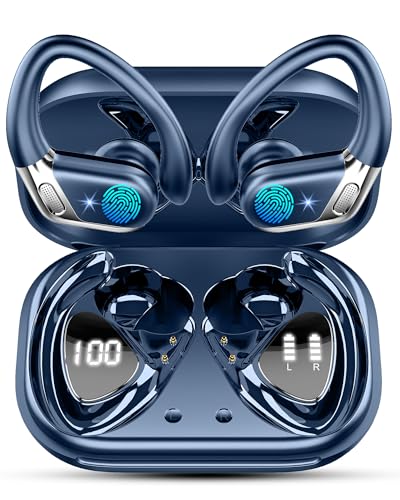 Matast Wireless Earbuds, Bluetooth 5.4 Headphones Sport, 50H Deep Bass Sound Over Ear Buds with 4 ENC Noise Cancelling Mic, Dual LED Display, IP7 Waterproof Earphones with Earhook for Workout, Blue