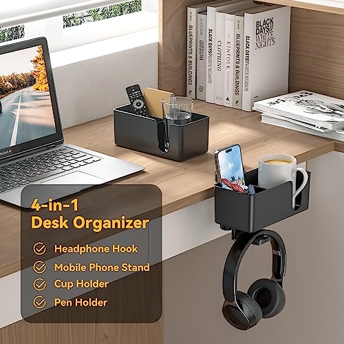 KDD Gaming RGB Headphones Stand & 4 in 1 Desk Cup Holder - Rotatable Headset Stand with 9 Light Modes - Clamp on Under Desk Headphone Hanger