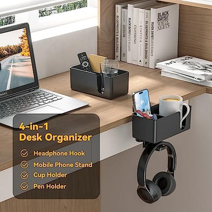 KDD Gaming RGB Headphones Stand & 4 in 1 Desk Cup Holder - Rotatable Headset Stand with 9 Light Modes - Clamp on Under Desk Headphone Hanger