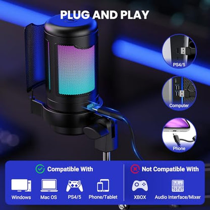 USB Gaming Microphone Kit, RGB Condenser Mic with Mute, Gain, Monitoring Adjustable Boom Arm Stand, Pop Filter, for Streaming, Podcasting, PC Gaming, YouTube, Compatible with PS4/PS5/Windows/Mac
