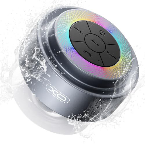 Bluetooth Shower Speaker,XO Portable Shower Speakers IP67 Waterproof with Suction Cup,Built-in Mic and Dynamic LED Lights,Handsfree Wireless Speaker for Bathroom, Party, Beach