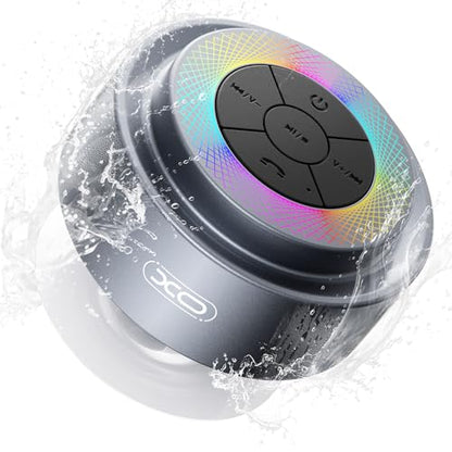 Bluetooth Shower Speaker,XO Portable Shower Speakers IP67 Waterproof with Suction Cup,Built-in Mic and Dynamic LED Lights,Handsfree Wireless Speaker for Bathroom, Party, Beach