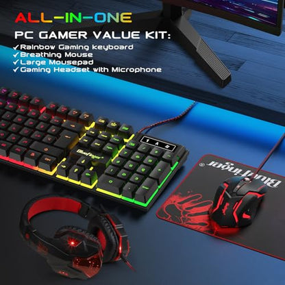 BlueFinger RGB Gaming Keyboard and Backlit Mouse and Headset Combo, USB Wired Backlit Keyboard, LED Gaming Mouse Set, Headset with Microphone for Laptop PC Computer Game and Work - color: Black