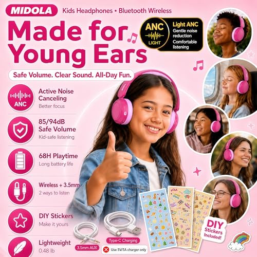 Kids Bluetooth Headphones Wireless,ANC,68H,Safe Volume Limit 85/94dB Pink | Active Noise Cancelling,Adjustable Headband Foldable Over-Ear for Toddler Girls Boys Tablet/iPad,HD Stereo,Built Mic - color: Rose Pink