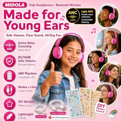 Kids Bluetooth Headphones Wireless,ANC,68H,Safe Volume Limit 85/94dB Pink | Active Noise Cancelling,Adjustable Headband Foldable Over-Ear for Toddler Girls Boys Tablet/iPad,HD Stereo,Built Mic - color: Rose Pink