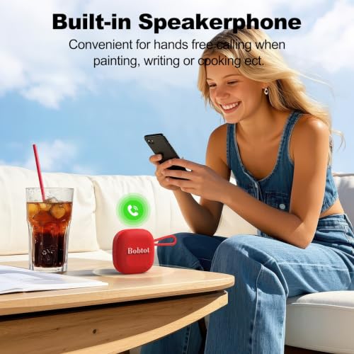Bobtot Portable Bluetooth Speaker, IPX7 Waterproof, TWS Pairing, Red | Wireless Shower Speaker with 16 Hours Playtime, Loud Stereo Sound, Built-in Microphone, Small Size with Carrying Lanyard - color: Red