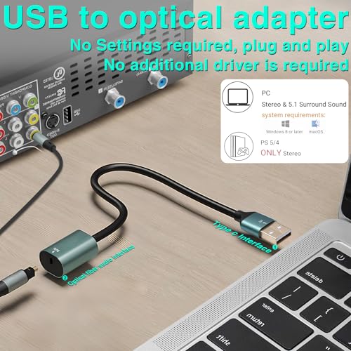 Duttek USB to Optical Audio Adapter, Unidirectional USB A to SPDIF TOSLINK Digital Audio Converter, USB Sound Card for PS4/PS5/PC/Laptop/TV, Compatible with Windows/Mac, No Driver Required, 7.87inch - style: usb to optical audio adapter