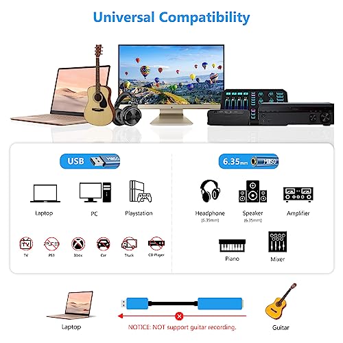 USB to 1/4 Jack Audio Adapter Type-A to 6.35mm Female Aux Adapter | Stereo TRS 1/4 Female to USB Audio Jack Adapter USB External Sound Card for Laptop, PC, Amplifier, Speaker, 6.35mm Headphone - style: USB-A Male to 1/4 Female
