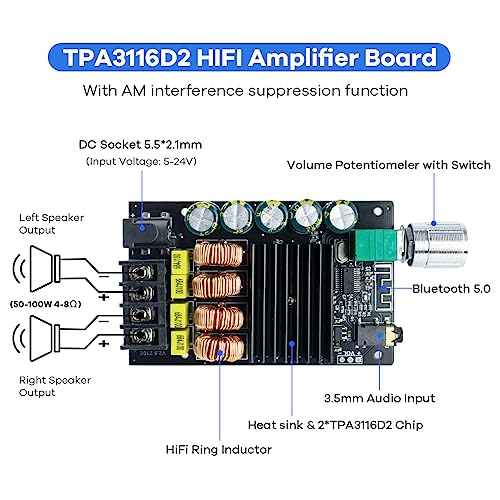Hosyond 200W Bluetooth 5.0 Amplifier Board TPA3116D2 100W+100W Stereo Dual Channel Mini Amp Board Audio Receiver for Home DIY Speakers