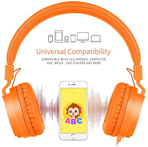 Kids Headphones, Lightweight Stereo Wired Toddler Headphones，Adjustable Headband Children's Headset for Smartphones Computer Pad Earphones(Orange) - color: Orange