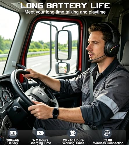 Wireless One Ear Headset with Mic, Single Ear Trucker Headset for PC/Computer/Laptop/Mac/iPad/iPhone/Android/Switch, Gaming Headphones with RGB Light, Mute Button for Truck Driver, Office Work, Chat