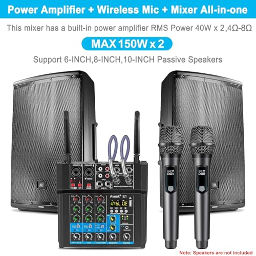 Aveek 150W x2 Powered Amplifier Audio Mixer, 4 Channel with 2 Wireless Mics