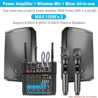 Aveek 150W x2 Powered Amplifier Audio Mixer, 4 Channel with 2 Wireless Mics