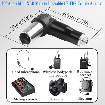 QIANRENON Locking TRS 3.5mm to Mini XLR 90° Angle Headphone Connector Lockable 1/8 TRS Female to 3Pin Mini XLR Male Balanced Audio Adapter, Right Angle Adjustable, for Fanny Pack Microphone