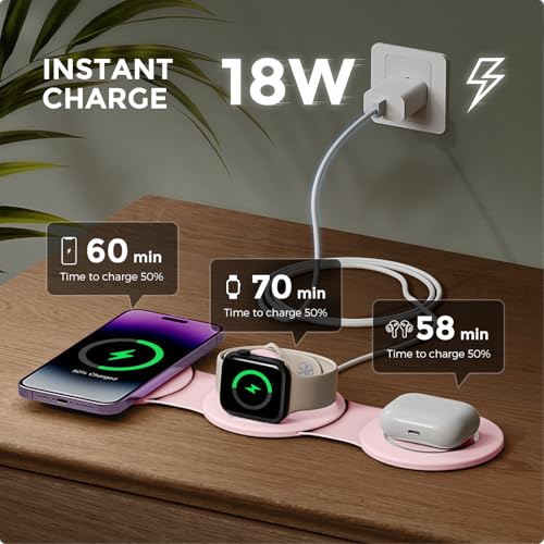 HICOBER 3-in-1 Wireless Charging Station for iPhone, Watch, AirPods, Pink | Charge 3 devices at once, foldable, case-friendly and ready for travel - color: Pink