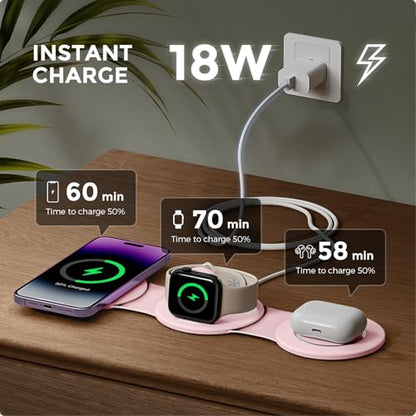 HICOBER 3-in-1 Wireless Charging Station for iPhone, Watch, AirPods, Pink | Charge 3 devices at once, foldable, case-friendly and ready for travel - color: Pink