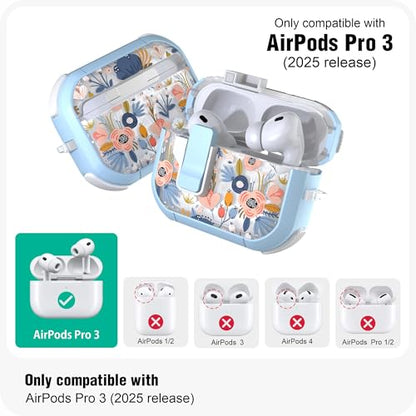 WENEW for AirPods Pro 3 Case (2025) Cover Secure Lock Automatic Snap Switch Clip Cleaner Kit Lanyard Women Stylish Flower Hard Shell Full Body Front LED Visible (Blue, AirPods Pro 3) - color: Blue, size: AirPods Pro 3