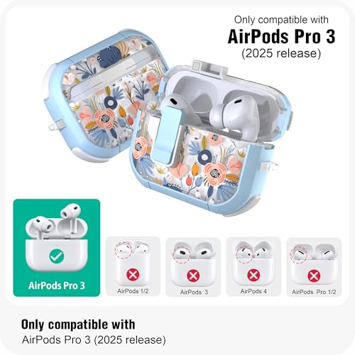 WENEW for AirPods Pro 3 Case (2025) Cover Secure Lock Automatic Snap Switch Clip Cleaner Kit Lanyard Women Stylish Flower Hard Shell Full Body Front LED Visible (Blue, AirPods Pro 3) - color: Blue, size: AirPods Pro 3